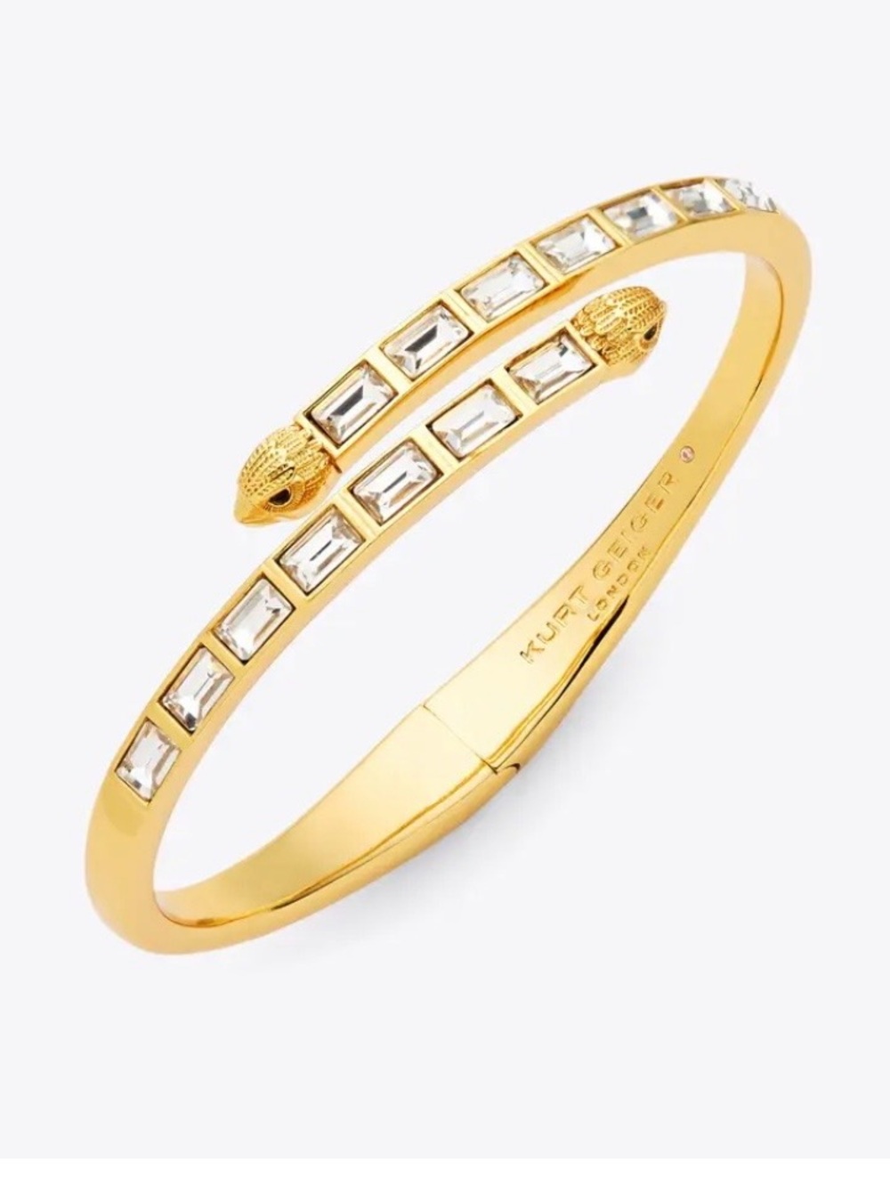 Kurt Geiger London Signature Eagle Baguette Clear Stone Gold Tone Hinged Bangle